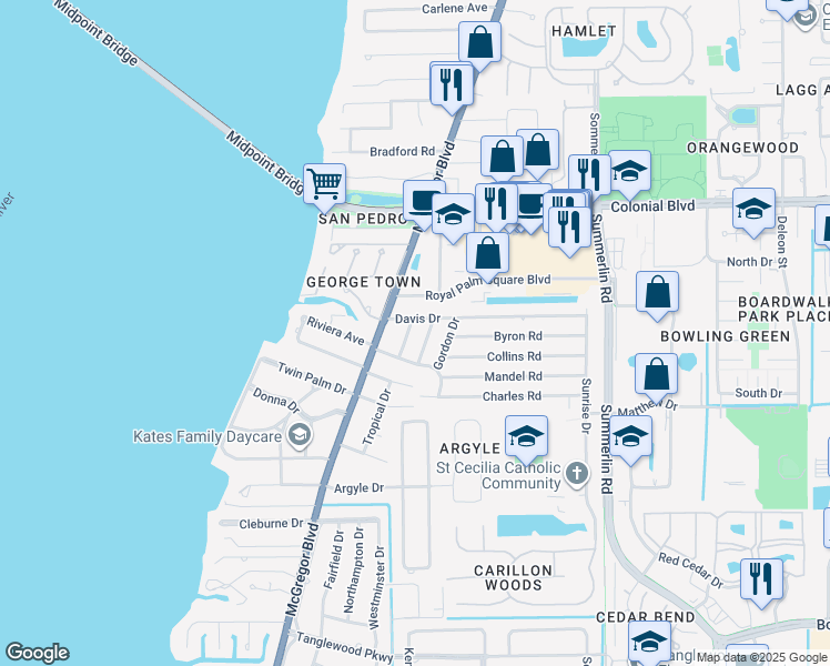map of restaurants, bars, coffee shops, grocery stores, and more near 5526 Seville Road in Fort Myers