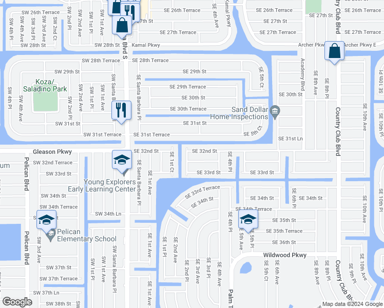 map of restaurants, bars, coffee shops, grocery stores, and more near 306 Southeast 32nd Street in Cape Coral