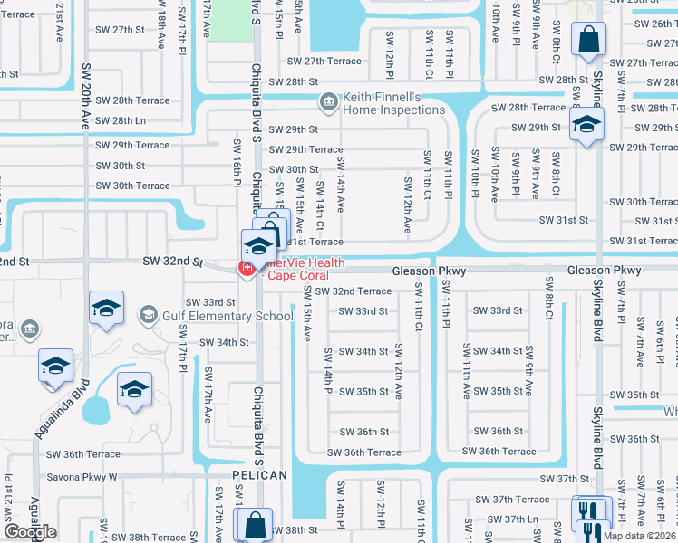 map of restaurants, bars, coffee shops, grocery stores, and more near 1323 Southwest 32nd Terrace in Cape Coral