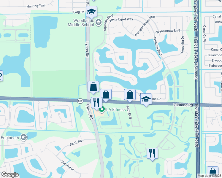 map of restaurants, bars, coffee shops, grocery stores, and more near 8501 Blue Cypress Drive in Lake Worth