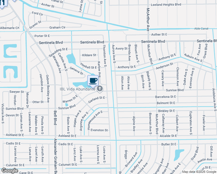 map of restaurants, bars, coffee shops, grocery stores, and more near 193 Thornton Avenue South in Lehigh Acres