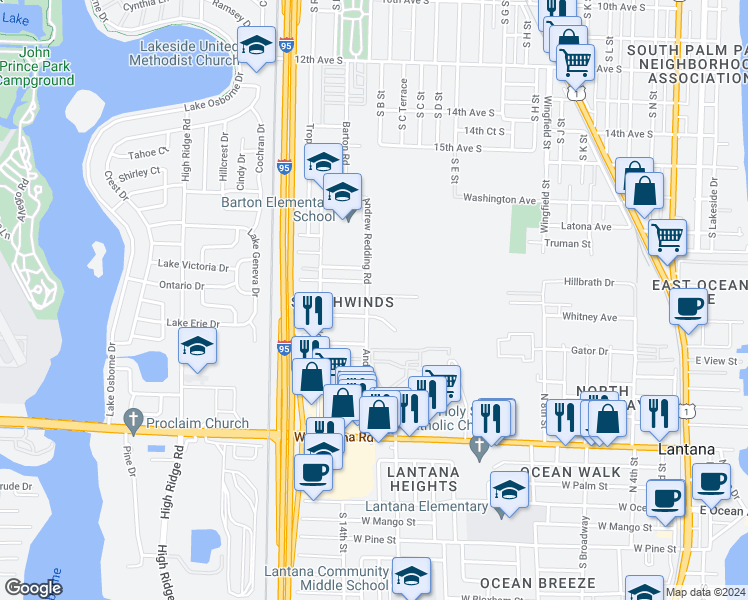 map of restaurants, bars, coffee shops, grocery stores, and more near Southwinds Drive in Lake Worth