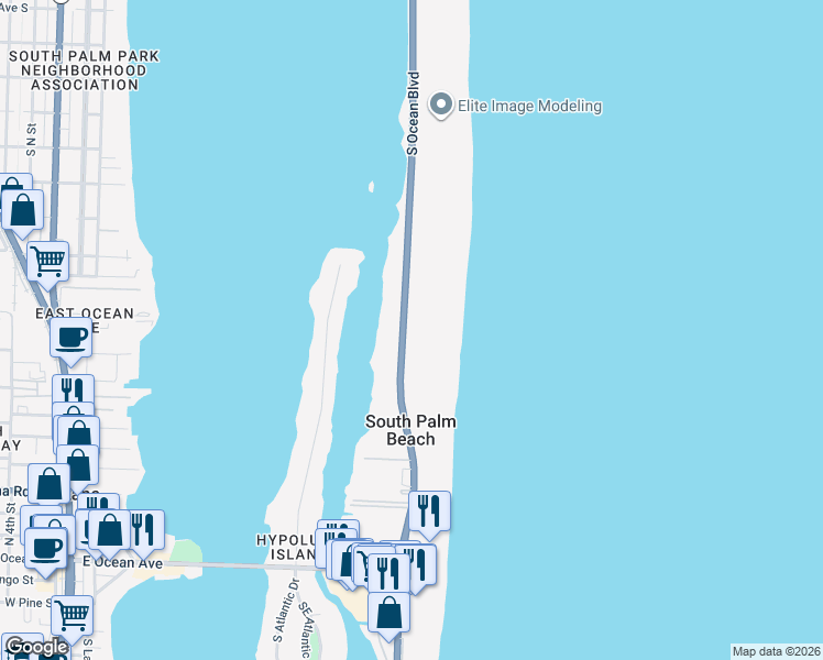 map of restaurants, bars, coffee shops, grocery stores, and more near 3520 South Ocean Boulevard in Palm Beach