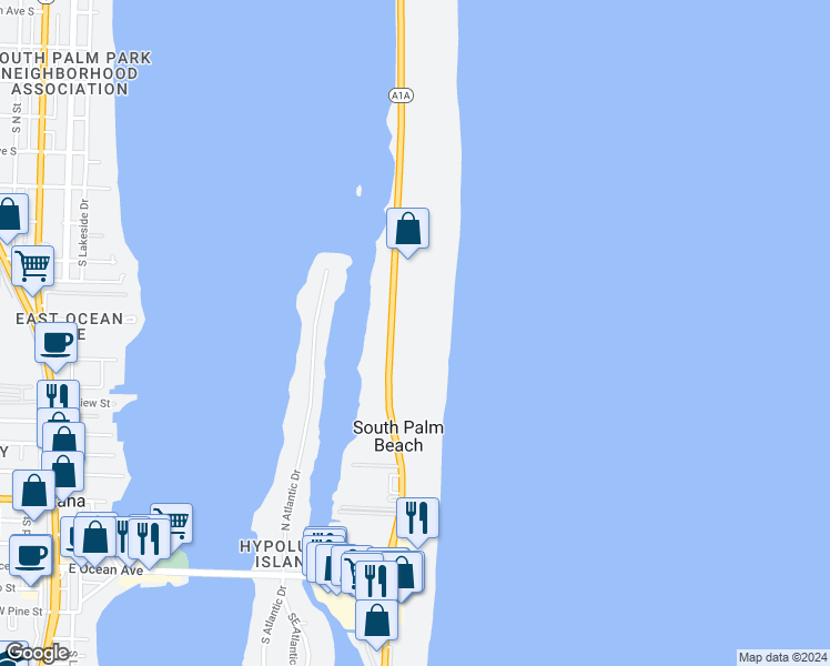 map of restaurants, bars, coffee shops, grocery stores, and more near 3540 South Ocean Boulevard in South Palm Beach