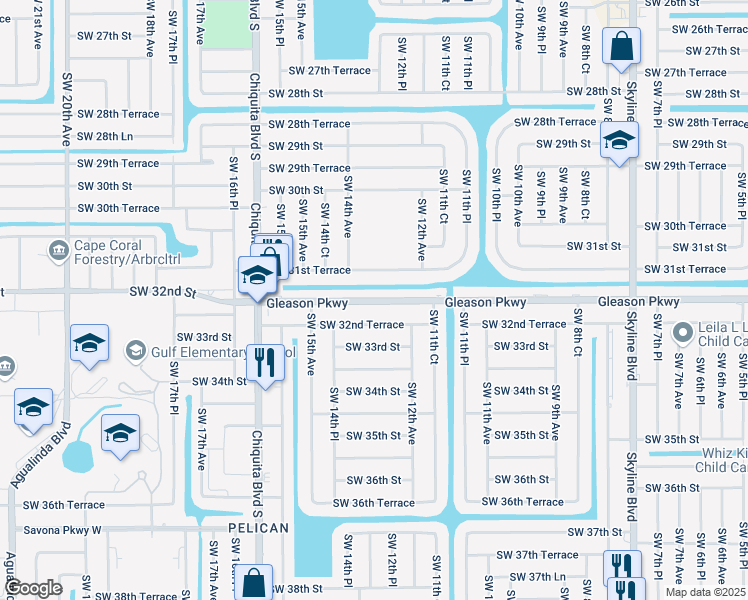 map of restaurants, bars, coffee shops, grocery stores, and more near 1222 Gleason Parkway in Cape Coral