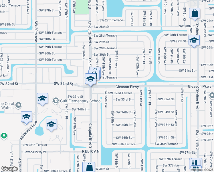 map of restaurants, bars, coffee shops, grocery stores, and more near 3205 Chiquita Boulevard South in Cape Coral