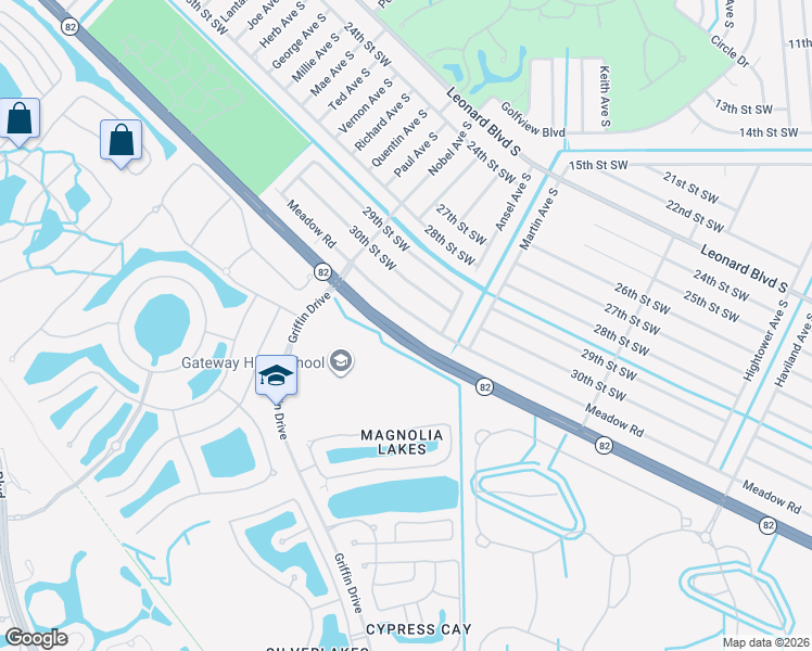 map of restaurants, bars, coffee shops, grocery stores, and more near 648 Meadow Road in Lehigh Acres