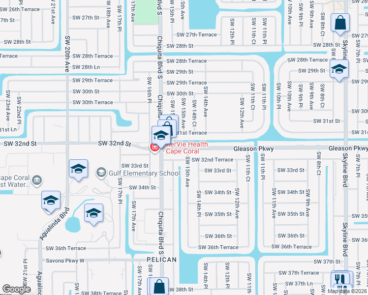map of restaurants, bars, coffee shops, grocery stores, and more near 2501 Gleason Parkway in Cape Coral