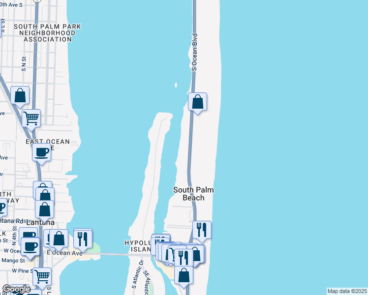 map of restaurants, bars, coffee shops, grocery stores, and more near 3525 South Ocean Boulevard in South Palm Beach