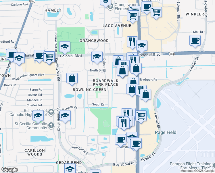 map of restaurants, bars, coffee shops, grocery stores, and more near 4715 Deleon Street in Fort Myers