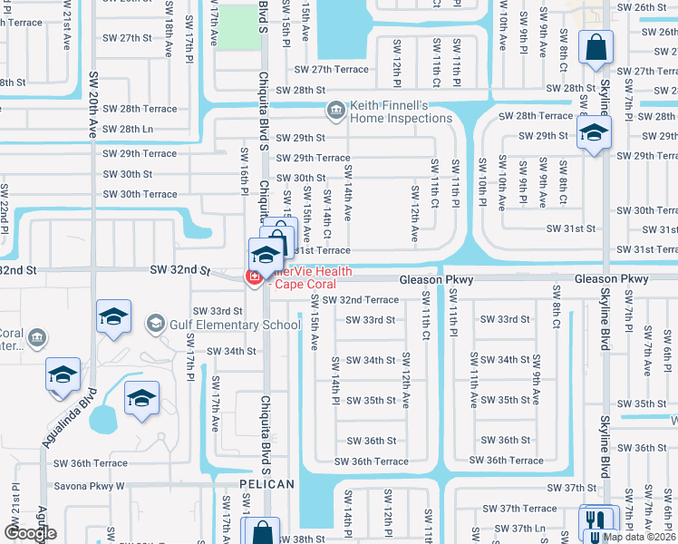 map of restaurants, bars, coffee shops, grocery stores, and more near 1323 Southwest 32nd Terrace in Cape Coral