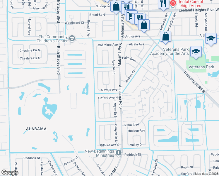 map of restaurants, bars, coffee shops, grocery stores, and more near 1109 Navajo Avenue in Lehigh Acres