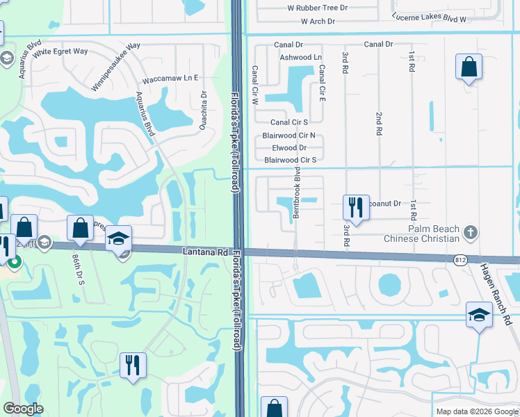 map of restaurants, bars, coffee shops, grocery stores, and more near 5609 Berrywood Drive in Lake Worth