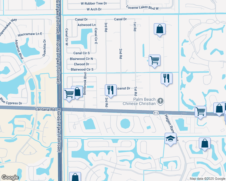 map of restaurants, bars, coffee shops, grocery stores, and more near 7585 Coconut Drive in Lake Worth