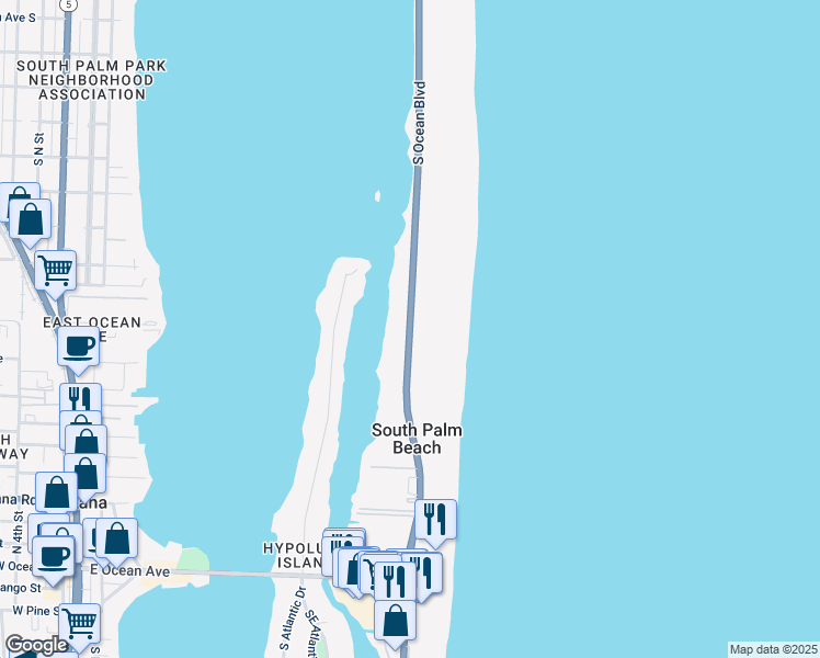 map of restaurants, bars, coffee shops, grocery stores, and more near 3500 South Ocean Boulevard in Palm Beach