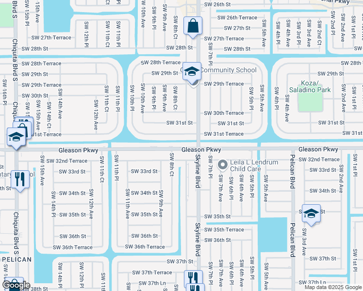 map of restaurants, bars, coffee shops, grocery stores, and more near 830 Southwest 31st Terrace in Cape Coral