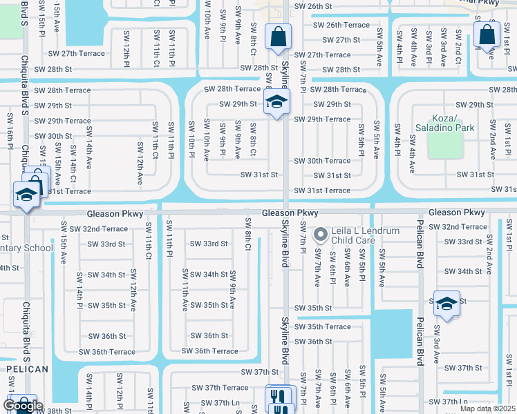 map of restaurants, bars, coffee shops, grocery stores, and more near 830 Southwest 31st Terrace in Cape Coral