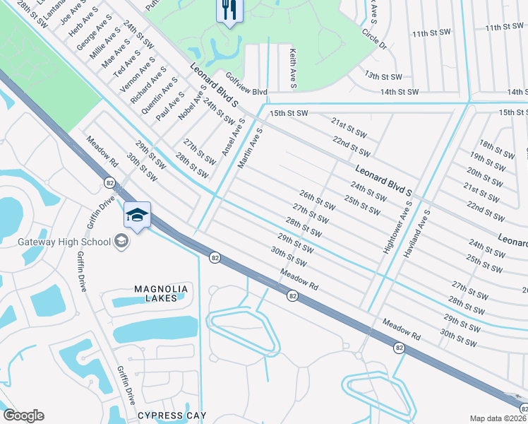 map of restaurants, bars, coffee shops, grocery stores, and more near 4737 27th Street Southwest in Lehigh Acres