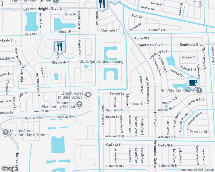 map of restaurants, bars, coffee shops, grocery stores, and more near 178 Shadowview Court in Lehigh Acres
