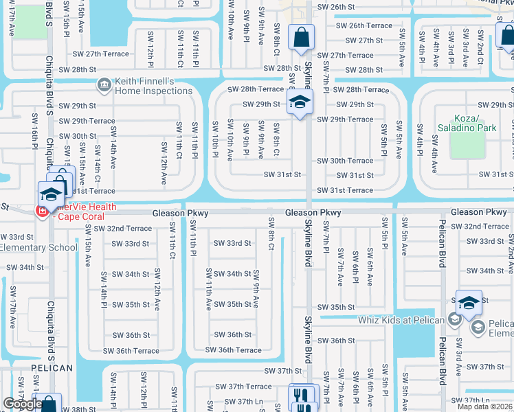 map of restaurants, bars, coffee shops, grocery stores, and more near 910 Southwest 31st Terrace in Cape Coral
