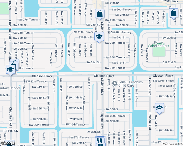 map of restaurants, bars, coffee shops, grocery stores, and more near 829 Gleason Parkway in Cape Coral
