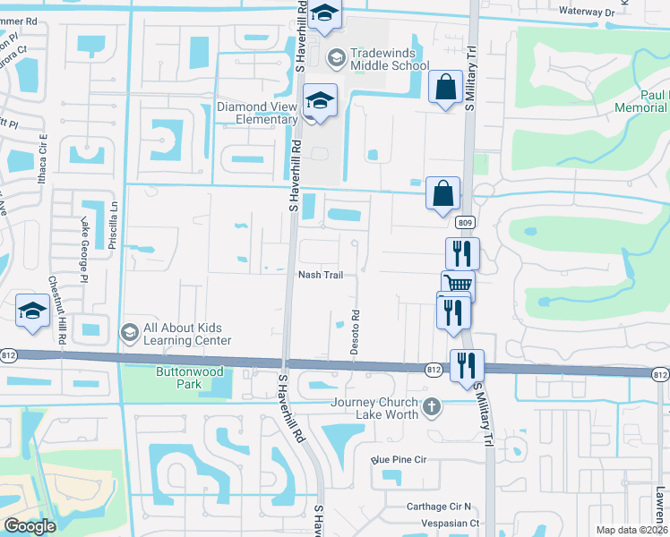map of restaurants, bars, coffee shops, grocery stores, and more near 5646 Caranday Palm Drive in Greenacres