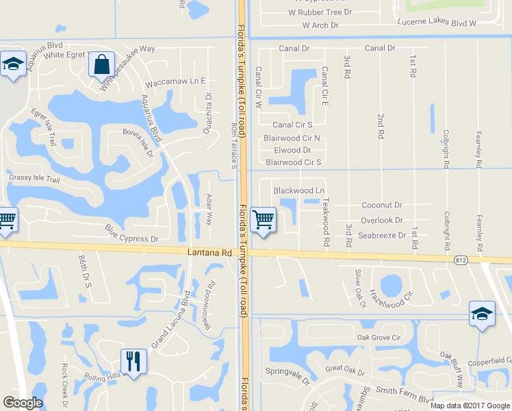 map of restaurants, bars, coffee shops, grocery stores, and more near 5609 Berrywood Drive in Lake Worth