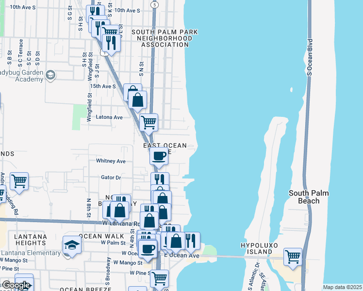 map of restaurants, bars, coffee shops, grocery stores, and more near in Lantana