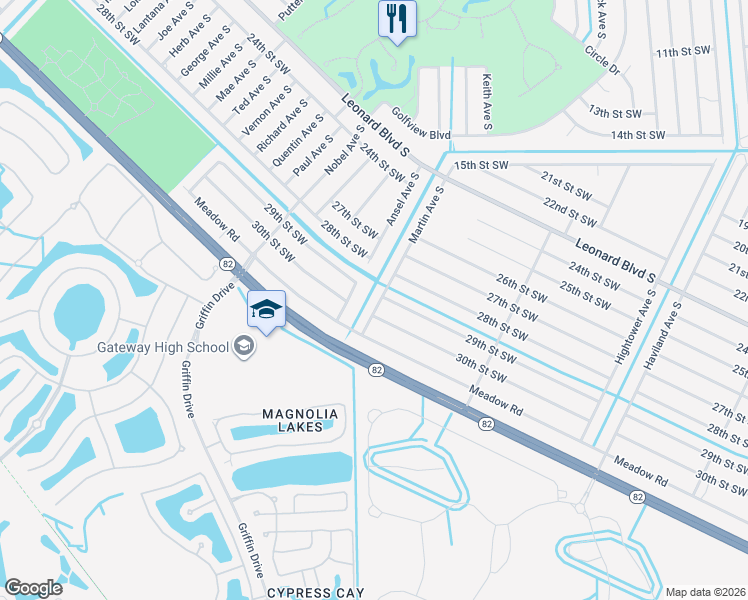 map of restaurants, bars, coffee shops, grocery stores, and more near 2810 Martin Avenue South in Lehigh Acres