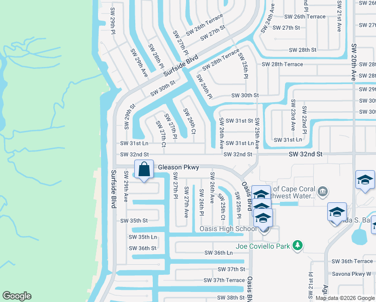map of restaurants, bars, coffee shops, grocery stores, and more near 2644 Southwest 31st Lane in Cape Coral