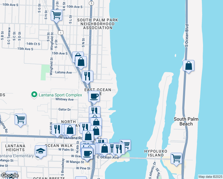 map of restaurants, bars, coffee shops, grocery stores, and more near 209 Waterway Drive South in Lantana