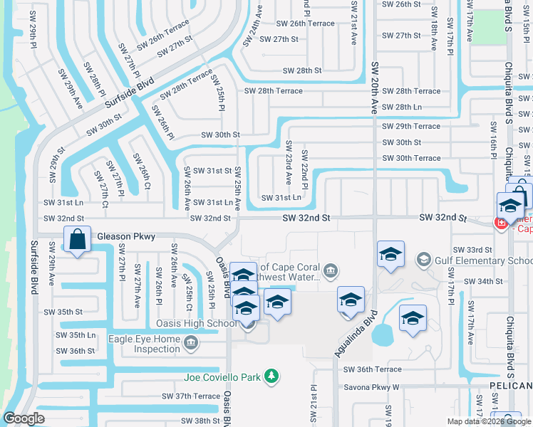 map of restaurants, bars, coffee shops, grocery stores, and more near 2314 Southwest 31st Lane in Cape Coral