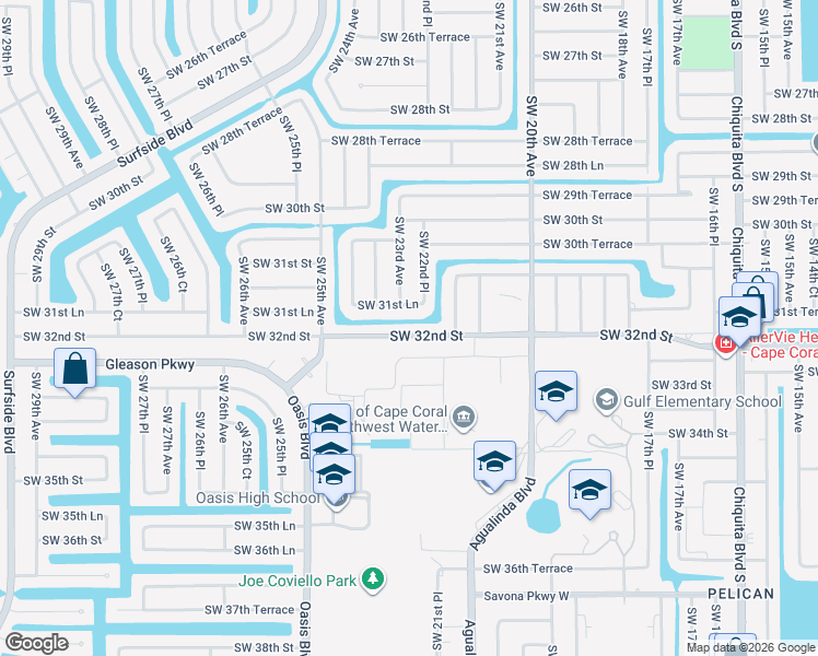map of restaurants, bars, coffee shops, grocery stores, and more near 2228 Southwest 31st Lane in Cape Coral
