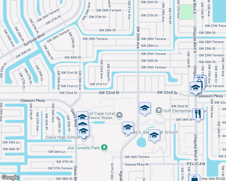 map of restaurants, bars, coffee shops, grocery stores, and more near 3126 Southwest 22nd Avenue in Cape Coral