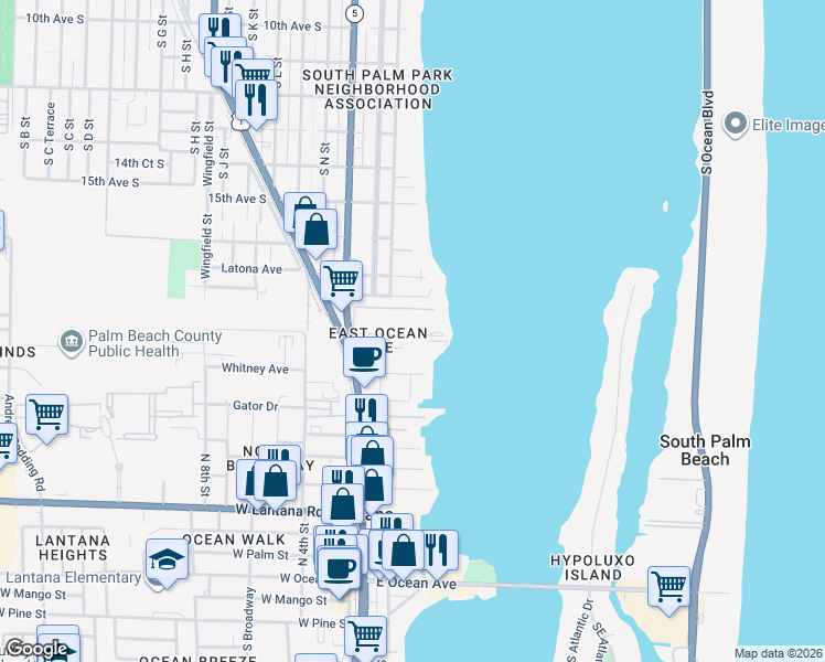 map of restaurants, bars, coffee shops, grocery stores, and more near 200 Waterway Drive South in Lantana