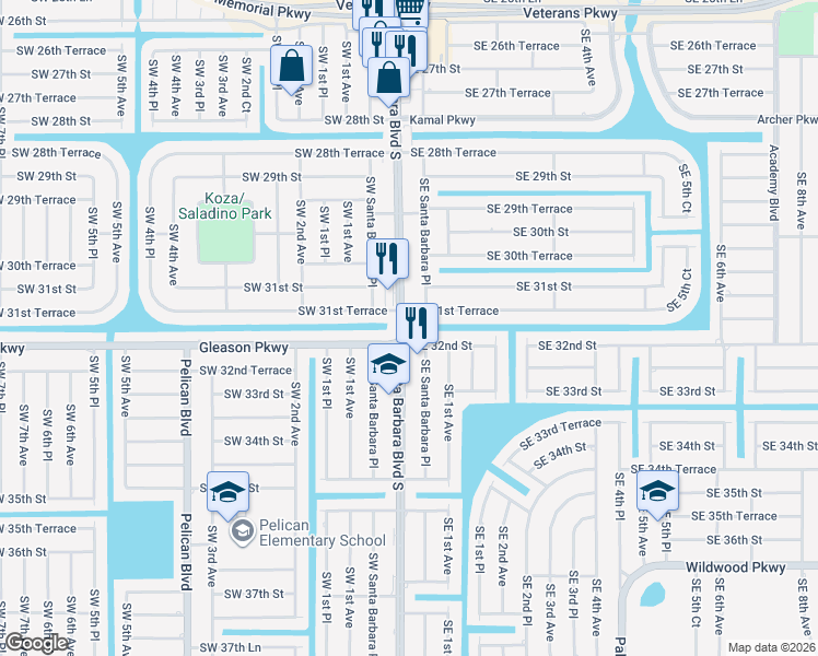 map of restaurants, bars, coffee shops, grocery stores, and more near 106 Southeast 31st Terrace in Cape Coral