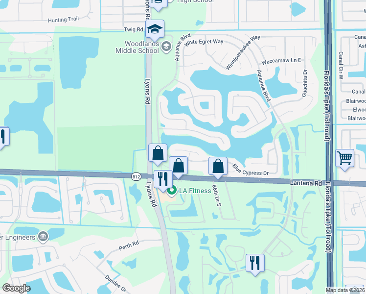 map of restaurants, bars, coffee shops, grocery stores, and more near 8539 Lakepoint Court in Lake Worth