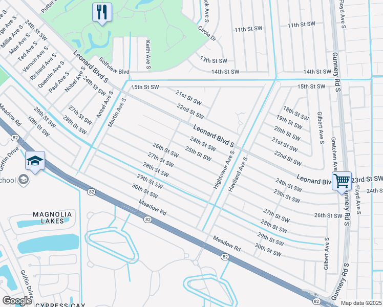 map of restaurants, bars, coffee shops, grocery stores, and more near 4649 25th Street Southwest in Lehigh Acres