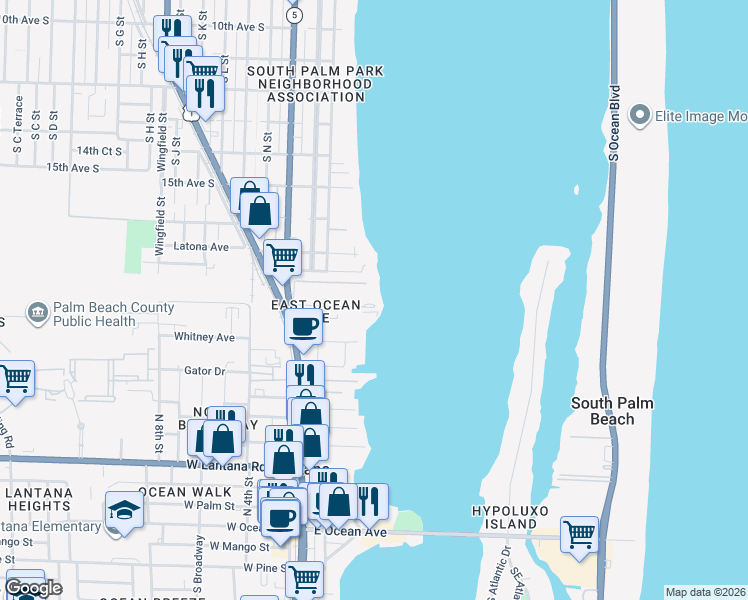 map of restaurants, bars, coffee shops, grocery stores, and more near 100 Waterway Drive South in Lantana