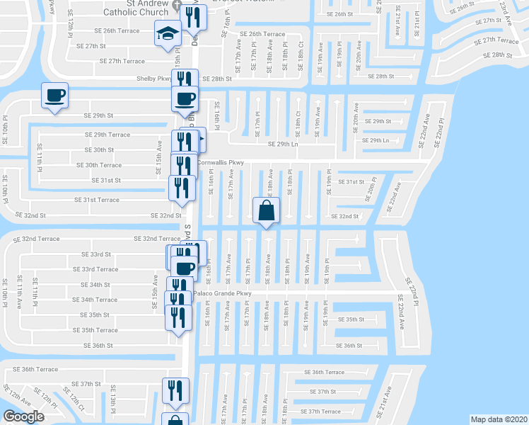 map of restaurants, bars, coffee shops, grocery stores, and more near 3122 Southeast 18th Avenue in Cape Coral