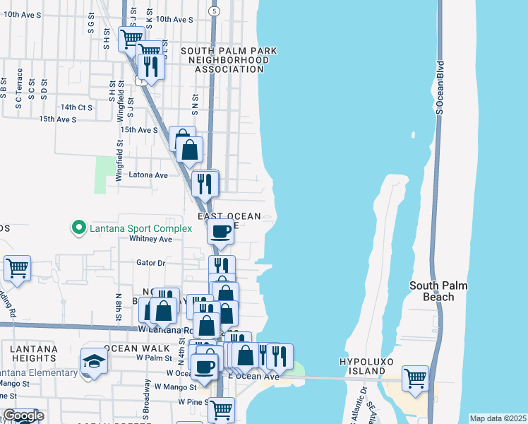 map of restaurants, bars, coffee shops, grocery stores, and more near 100 Waterway Drive South in Lantana