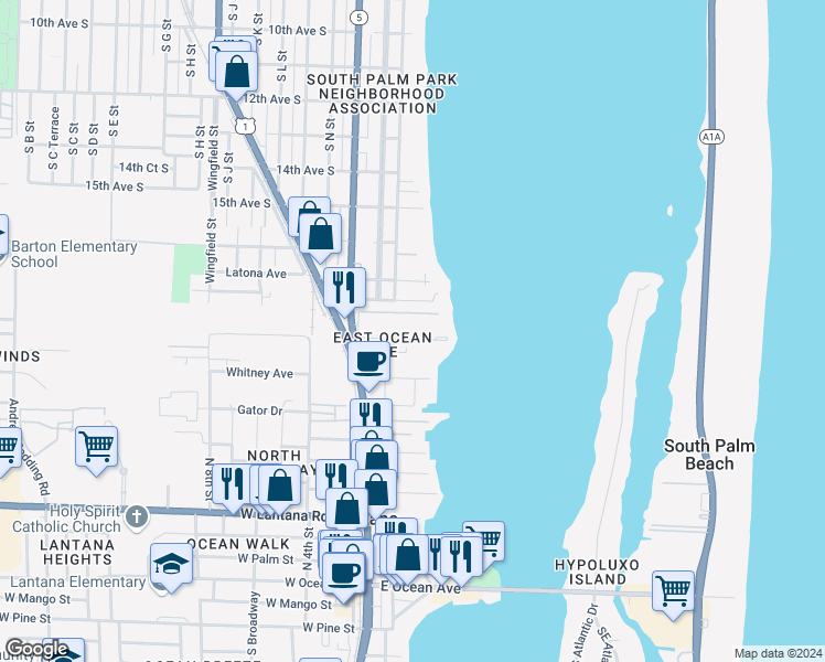 map of restaurants, bars, coffee shops, grocery stores, and more near 200 Waterway Drive South in Lantana
