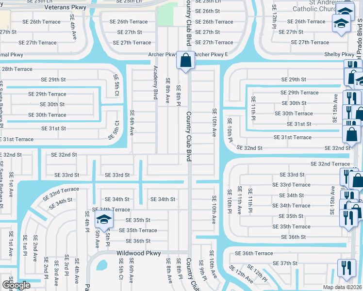 map of restaurants, bars, coffee shops, grocery stores, and more near 3133 Southeast 8th Place in Cape Coral