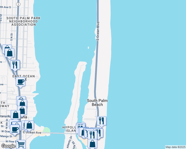 map of restaurants, bars, coffee shops, grocery stores, and more near 3501 South Ocean Boulevard in South Palm Beach