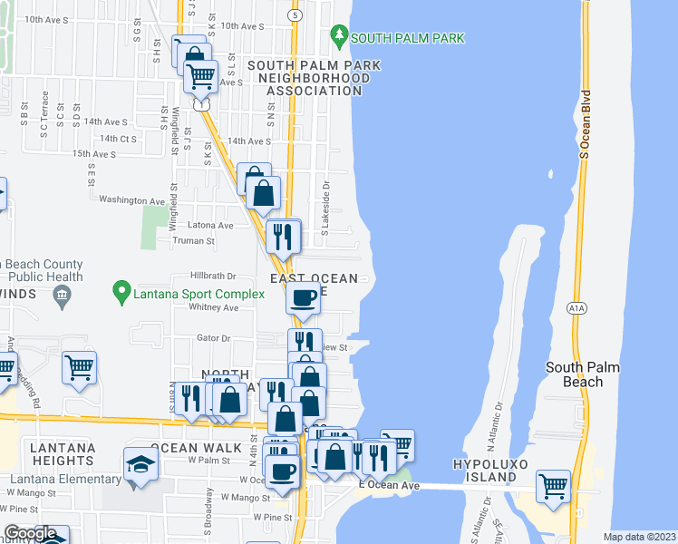 map of restaurants, bars, coffee shops, grocery stores, and more near 209 Waterway Drive South in Lantana
