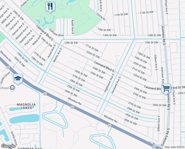 map of restaurants, bars, coffee shops, grocery stores, and more near 4649 25th Street Southwest in Lehigh Acres
