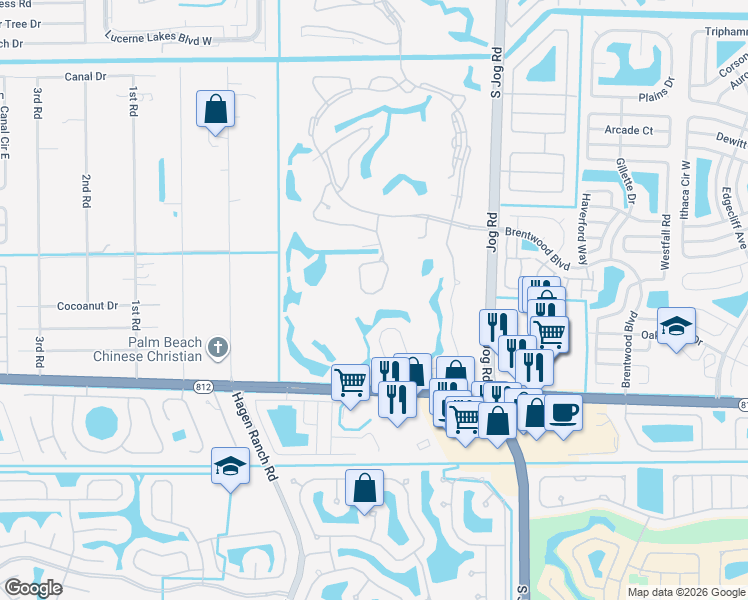 map of restaurants, bars, coffee shops, grocery stores, and more near 5466 San Marino Way in Lake Worth