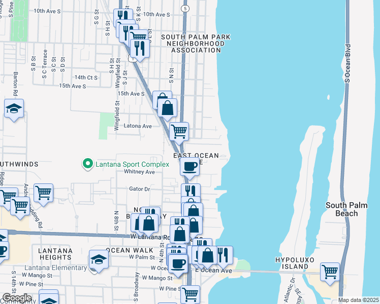 map of restaurants, bars, coffee shops, grocery stores, and more near 100 Waterway Drive South in Lantana