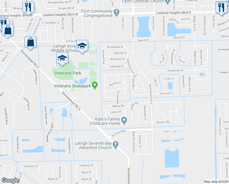 map of restaurants, bars, coffee shops, grocery stores, and more near 110 Doveside Lane in Lehigh Acres