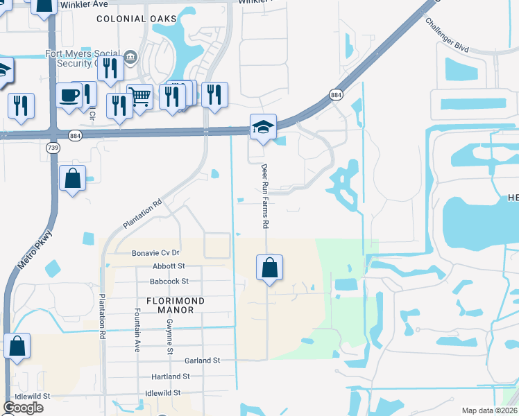 map of restaurants, bars, coffee shops, grocery stores, and more near 10275 Deer Run Farms Road in Fort Myers